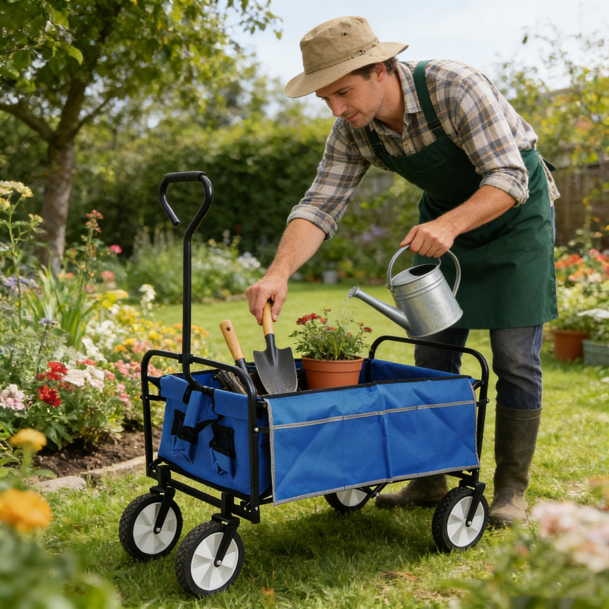 Folding Wagon Garden Shopping Beach Cart (Blue)