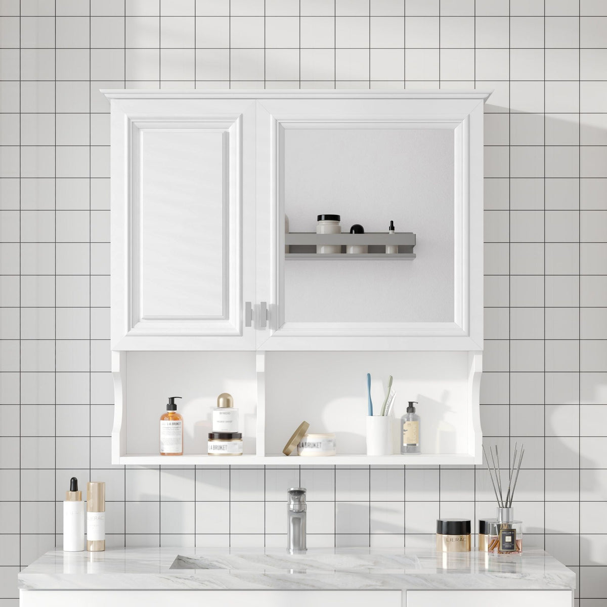 Wall Mounted Mirror Medicine Cabinet with Soft-Close Doors and Open Shelves - Black or White