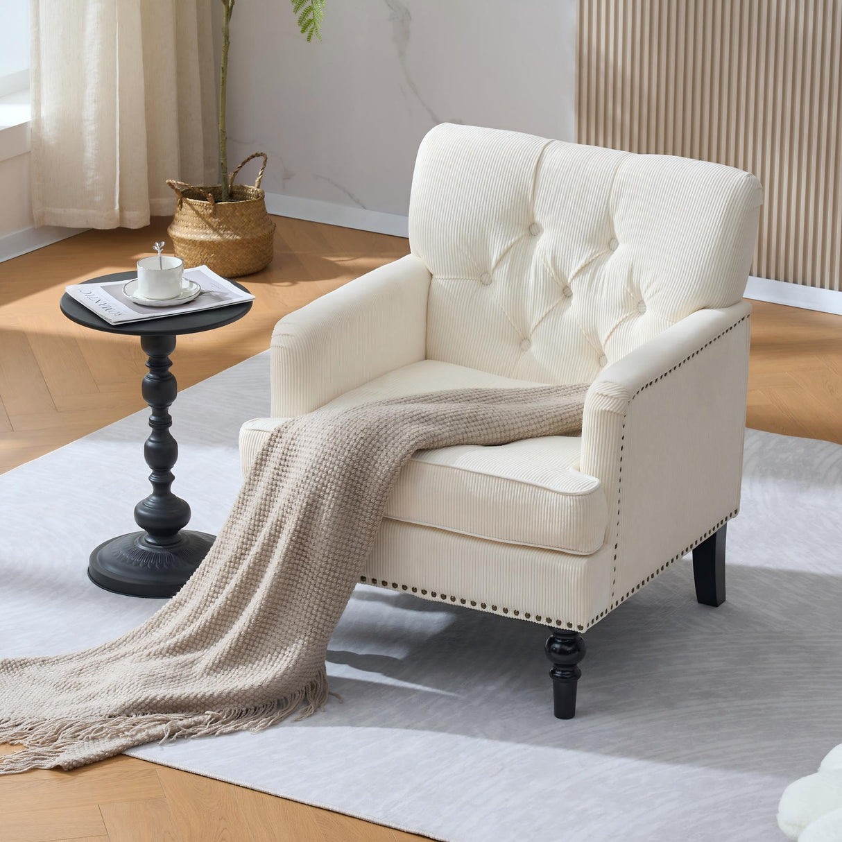 Tufted Club Chair Upholstered Accent Armchair in Beige Corduroy