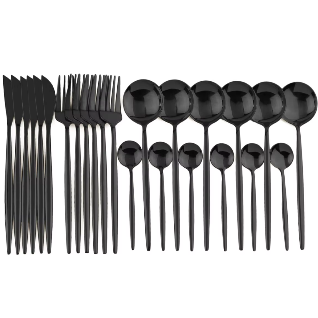 24 Piece Black Stainless Steel Cutlery Set for 4 with Steak Knives