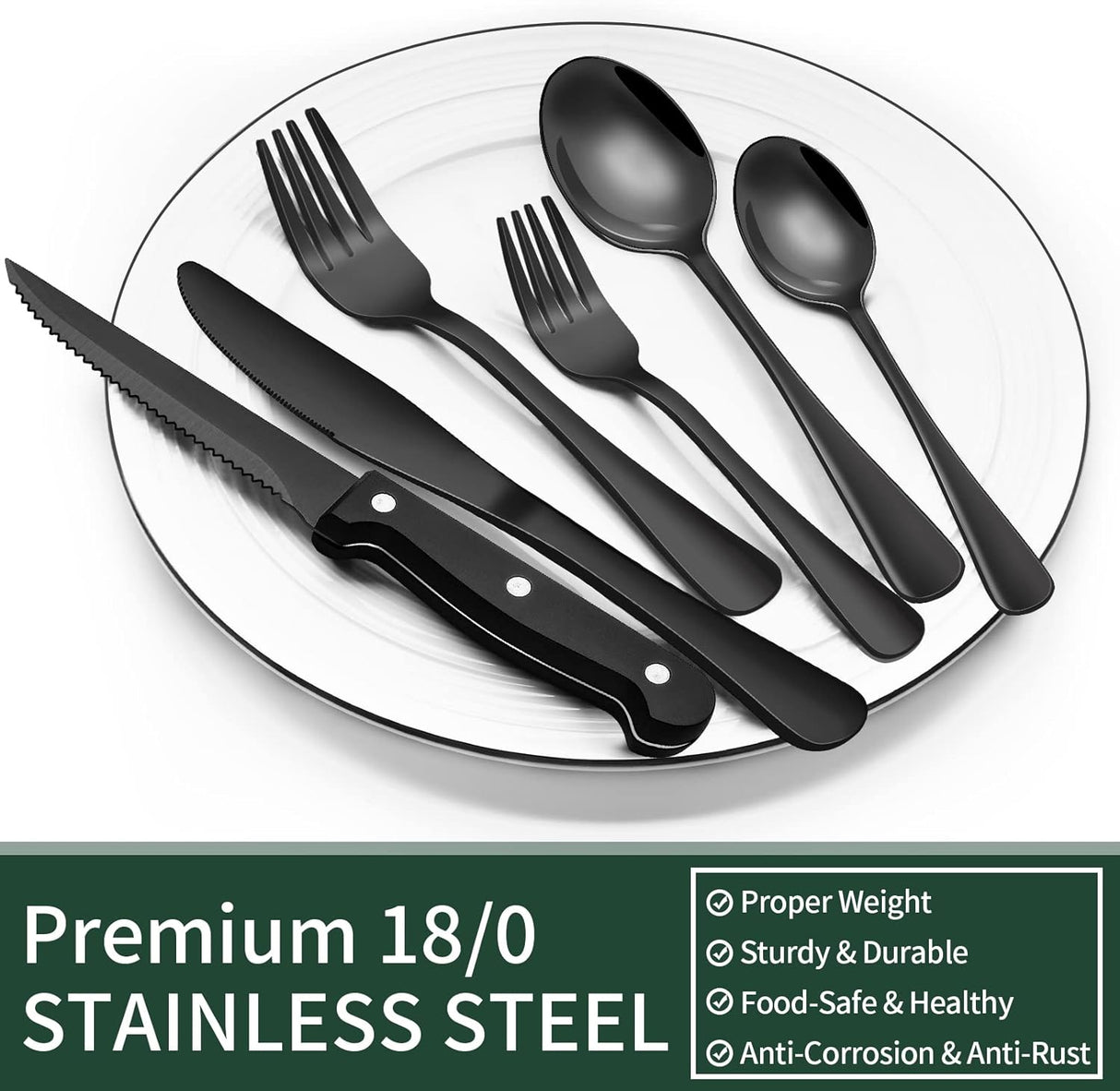 24 Piece Black Stainless Steel Cutlery Set for 4 with Steak Knives