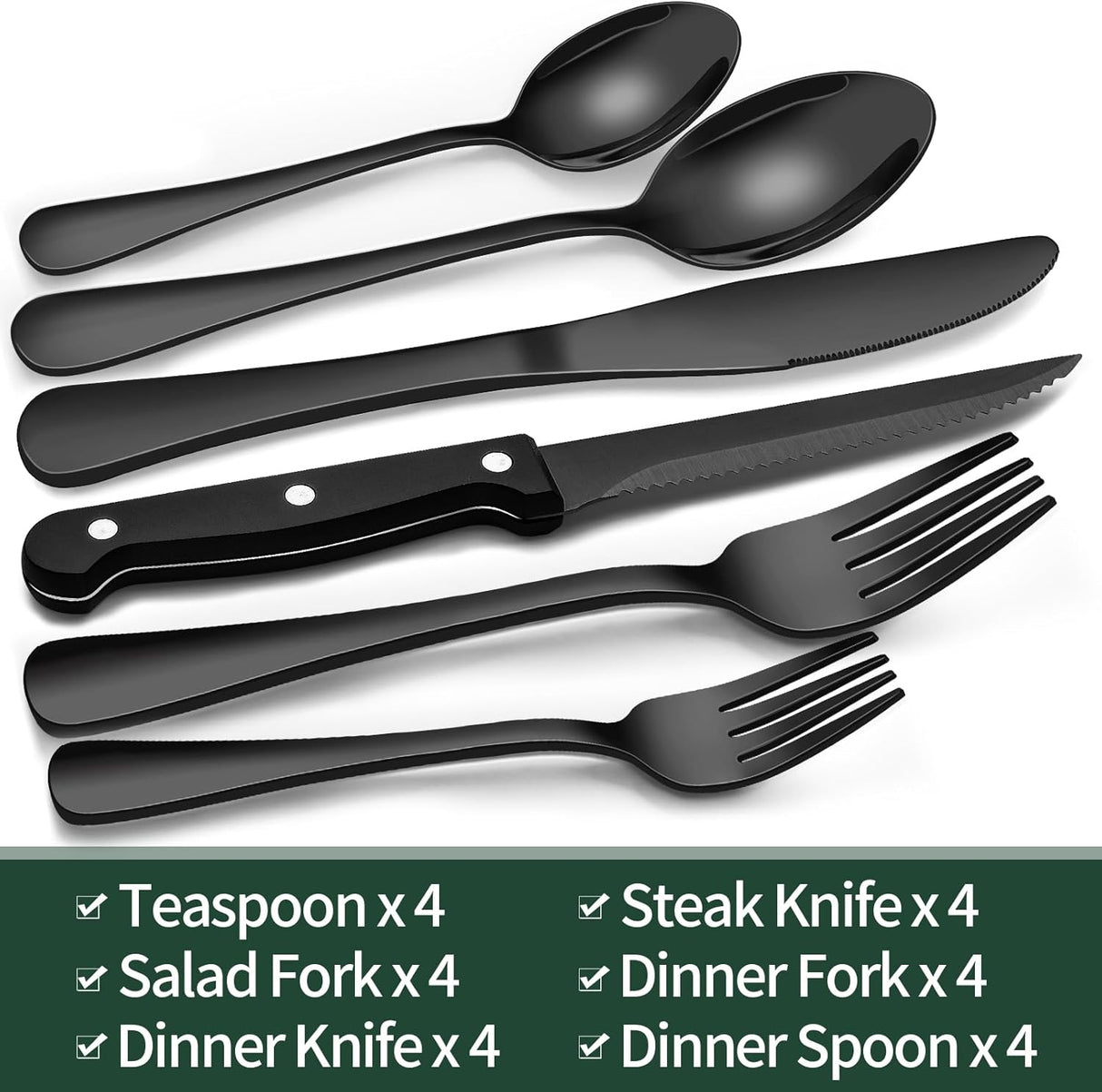 24 Piece Black Stainless Steel Cutlery Set for 4 with Steak Knives