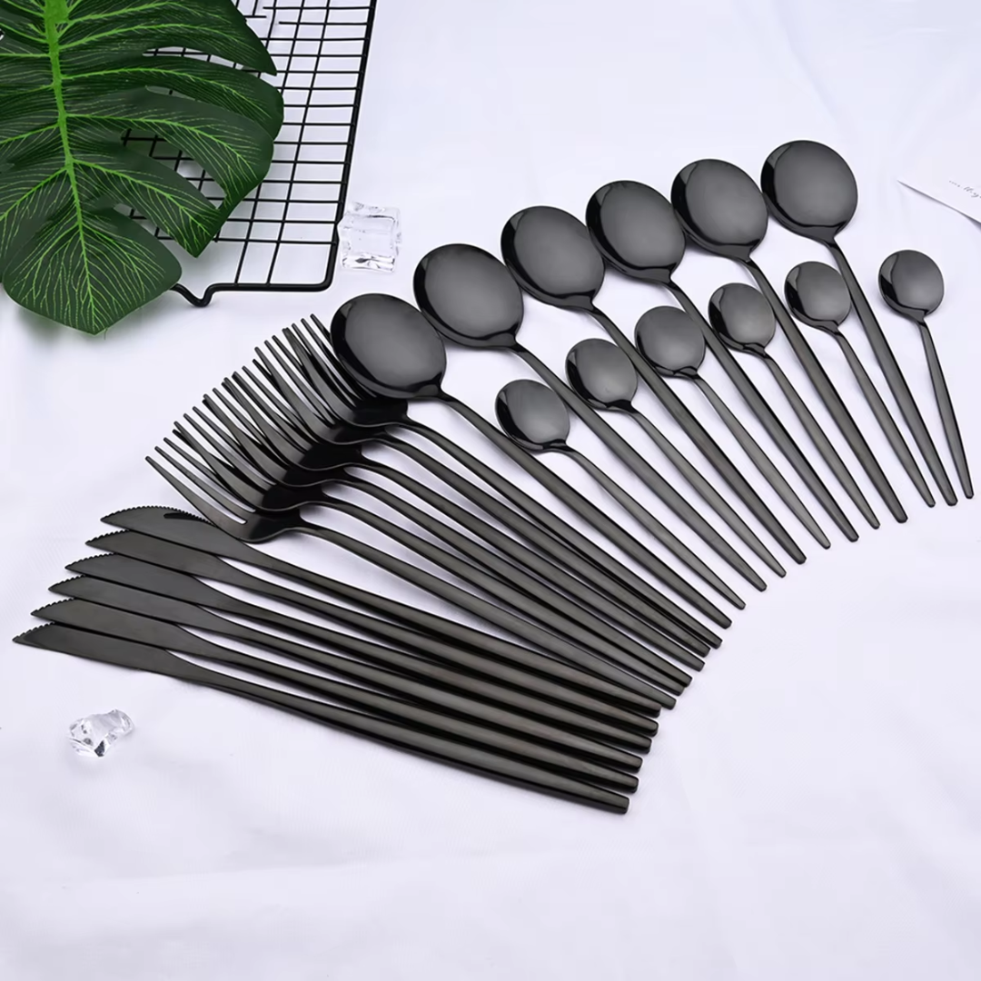 24 Piece Black Stainless Steel Cutlery Set for 4 with Steak Knives