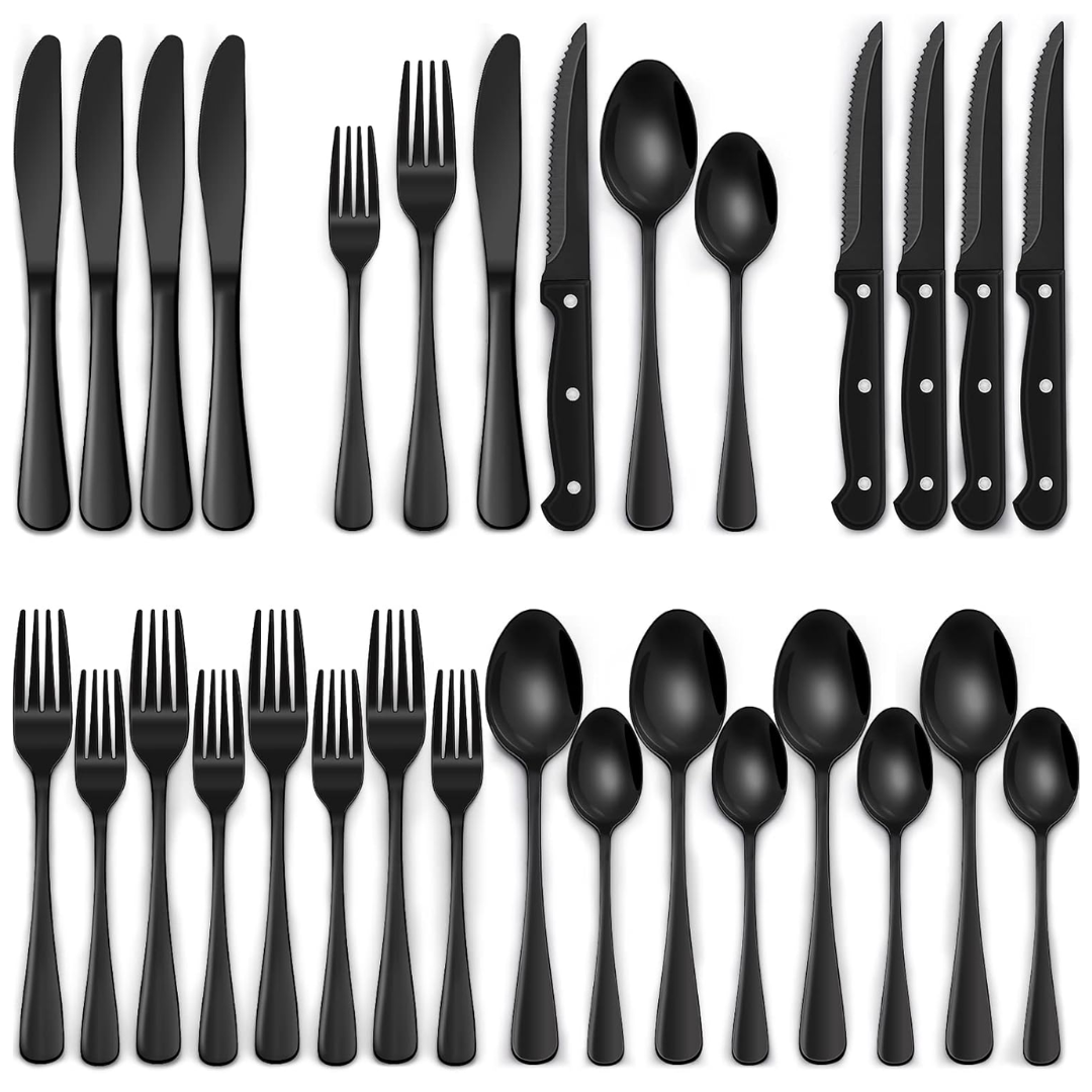 24 Piece Black Stainless Steel Cutlery Set for 4 with Steak Knives