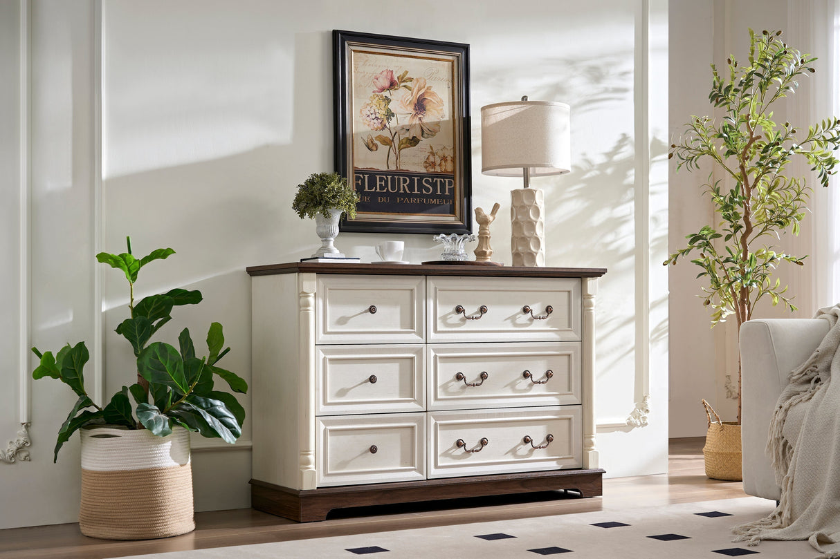 Farmhouse Style 6 Drawer Dresser Chest with Base Wooden Rustic Chest