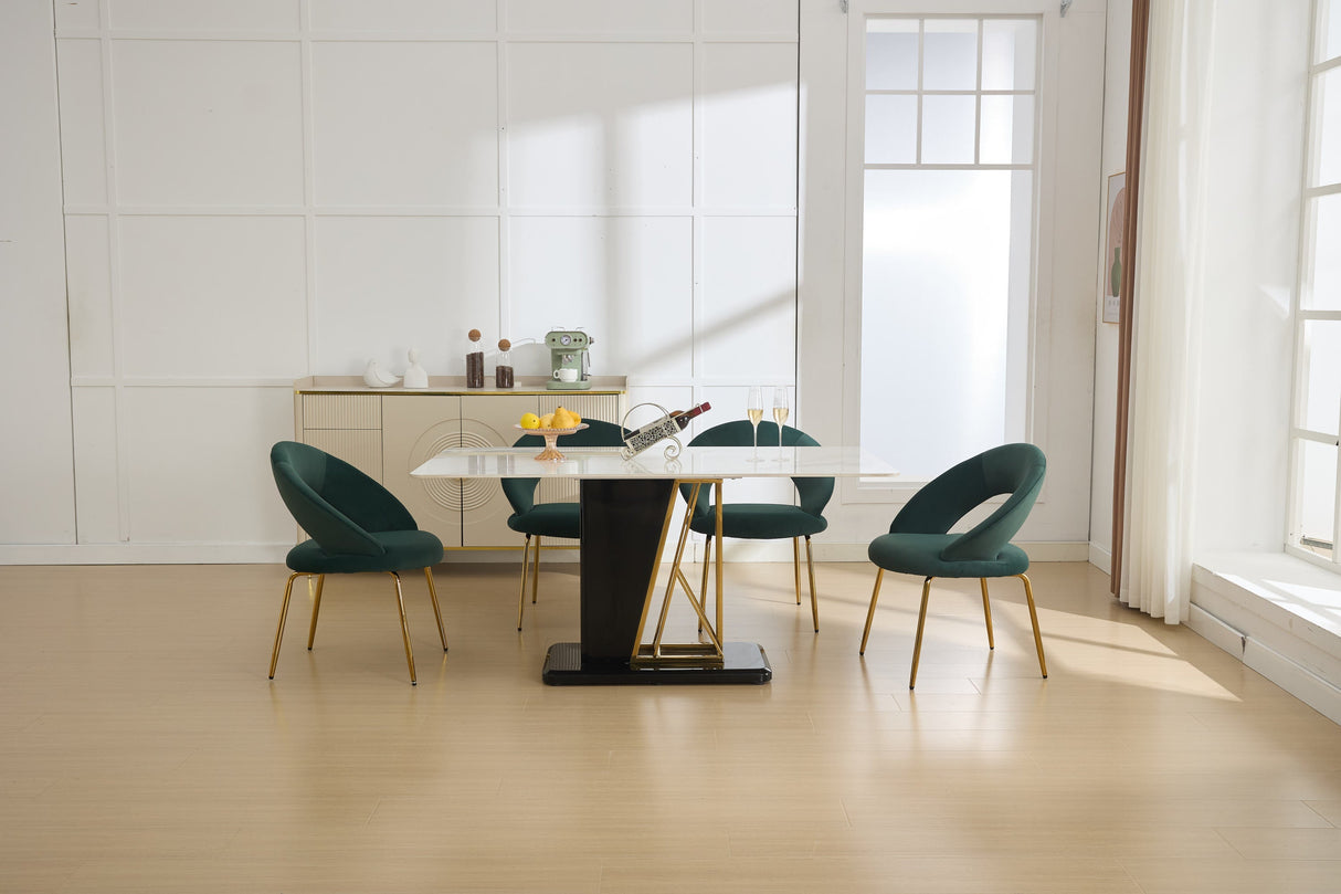 Set of 1 Velvet Fabric Dining Chair with Curved Backrest and Golden Metal Legs