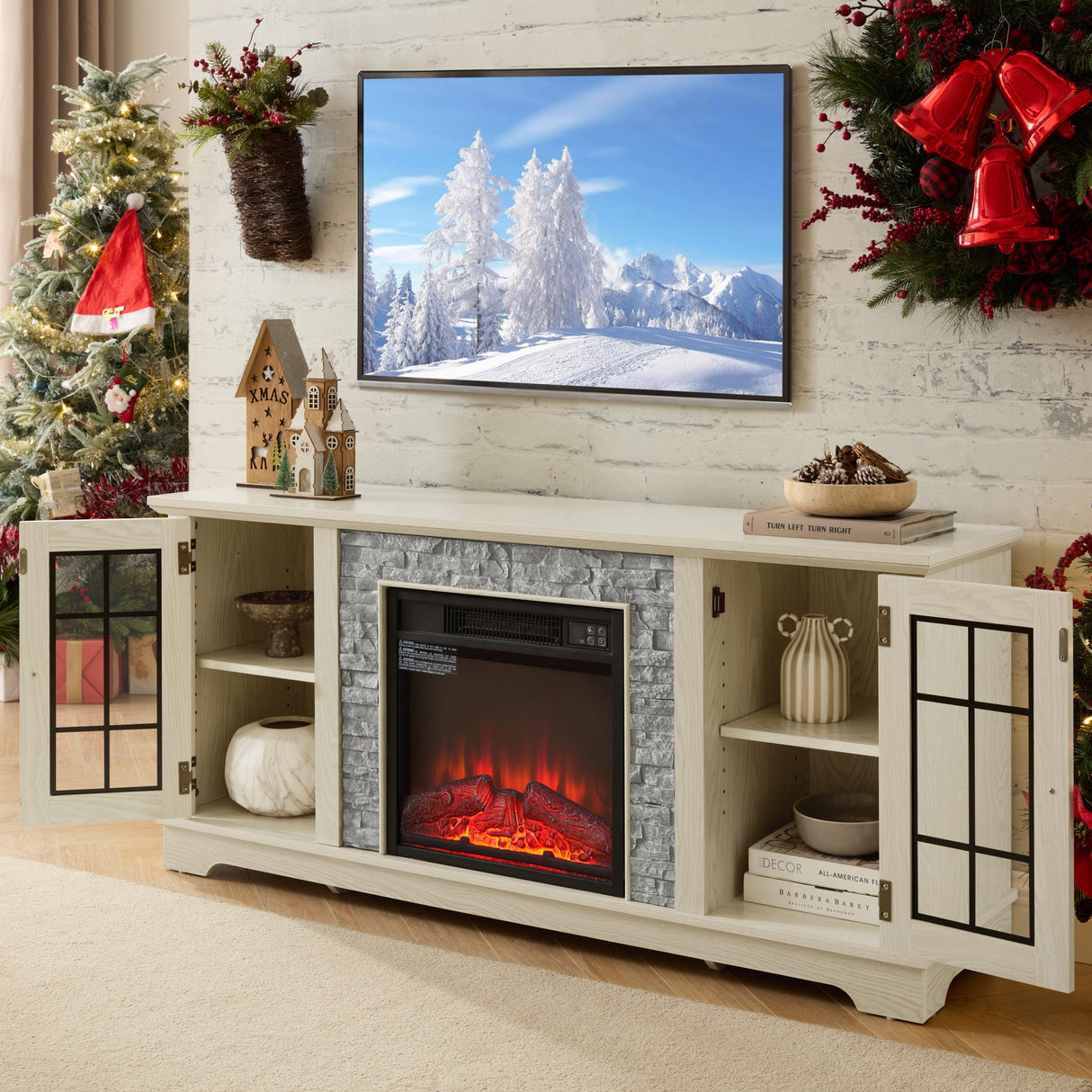 58" Modern TV Stand with Electric Fireplace and Storage