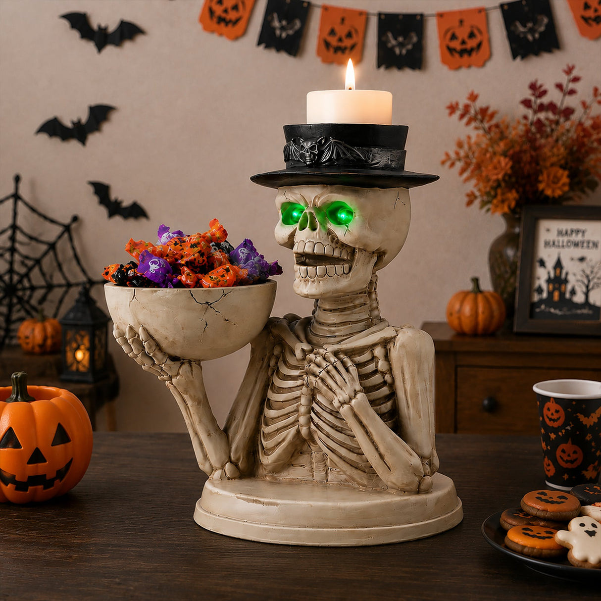 Halloween Skeleton Figurine with Storage Bowl & Candle Holder