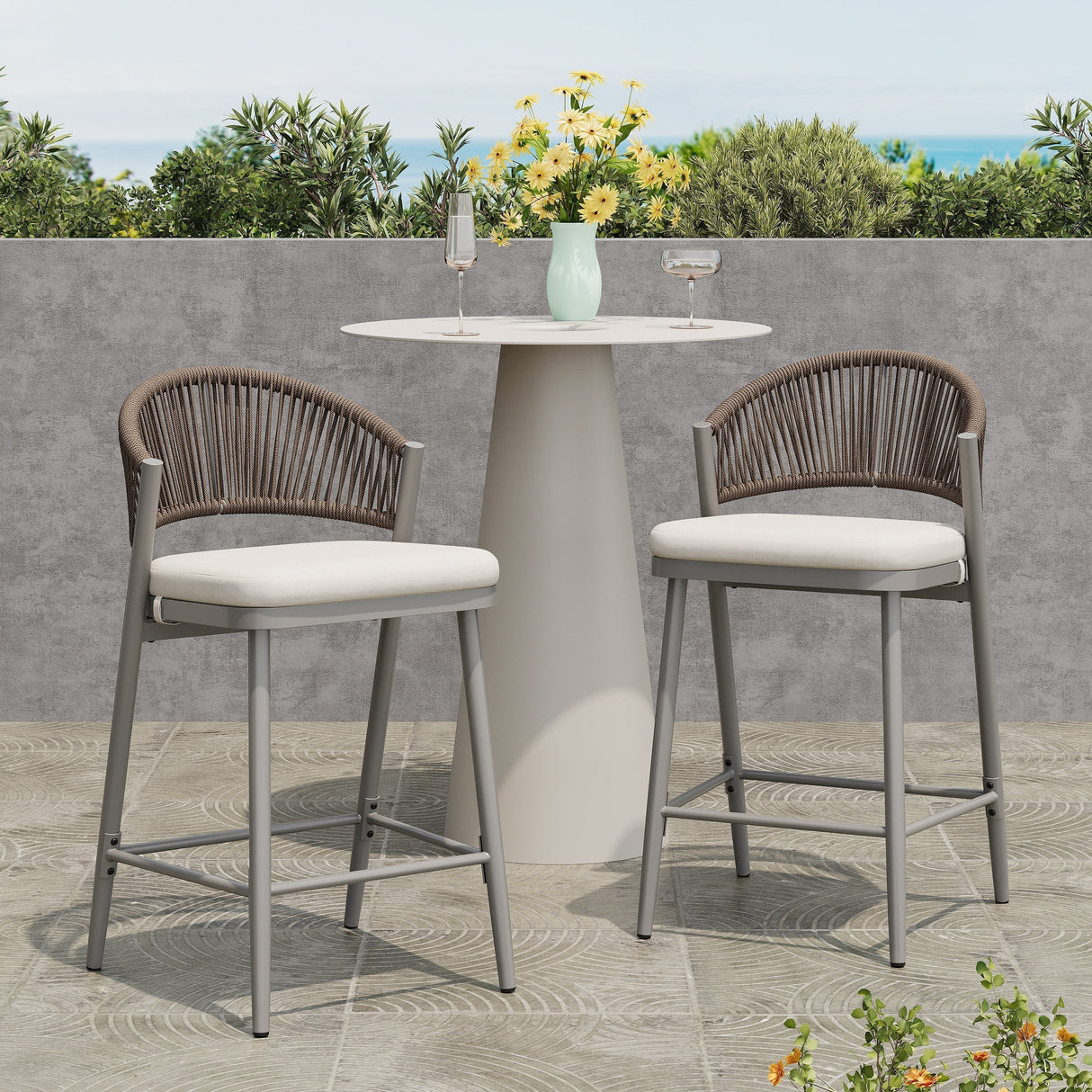 Outdoor 26' Counter Height Metal Frame Counter Stools with Scallop-shaped Backrest & Water-resistant Cushions, Set of