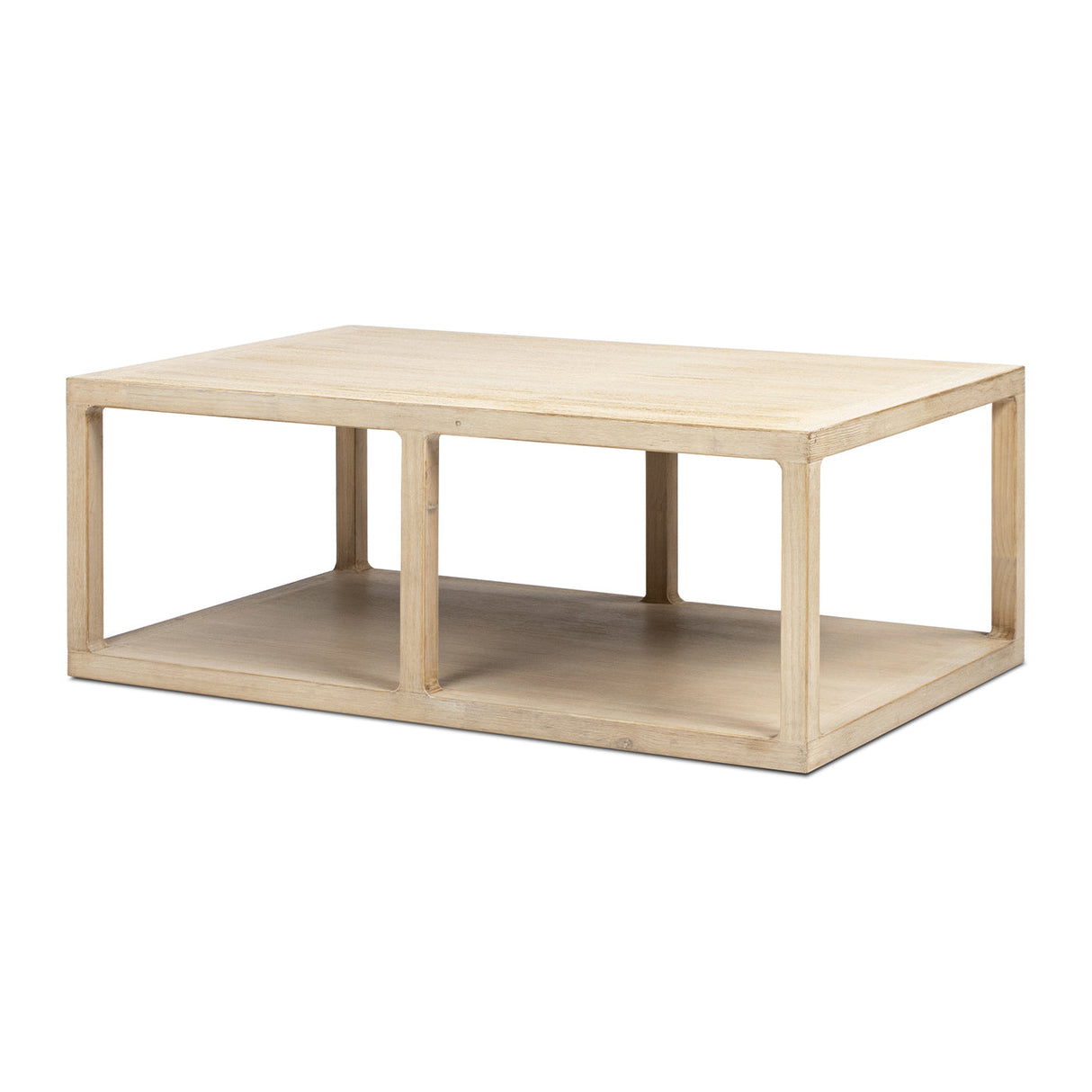 Ellis 48' Reclaimed Wood Open Frame Coffee Table with Lower Shelf, Light Natural Cerused Reclaimed Pine Wood