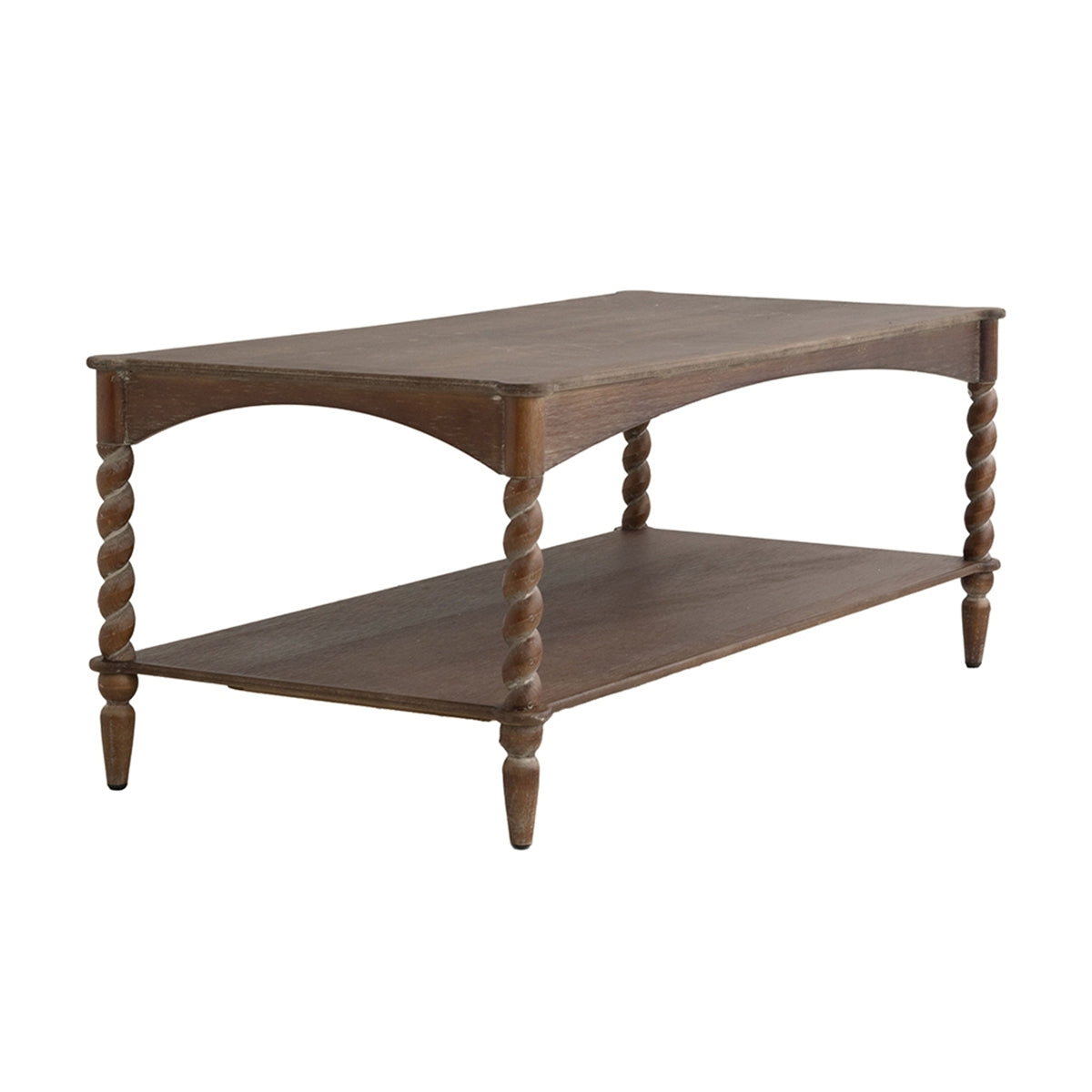Rustic Brown Wood Coffee Table with Turned Spiral Legs and Lower Shelf