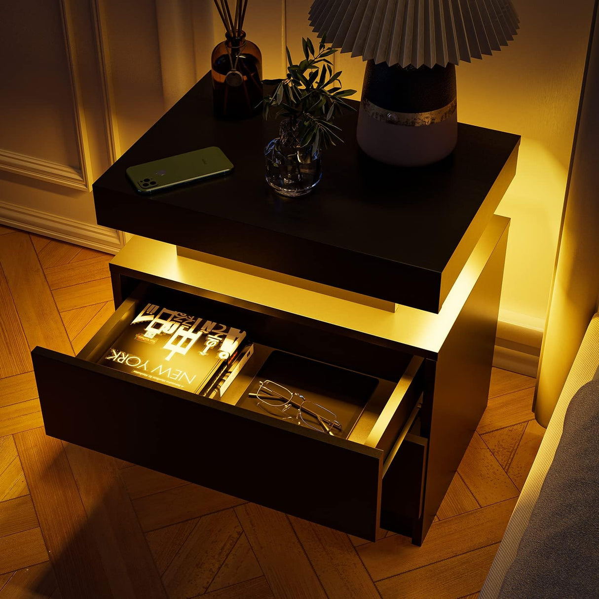 Modern LED Nightstand Bedside Table with 2 Drawers