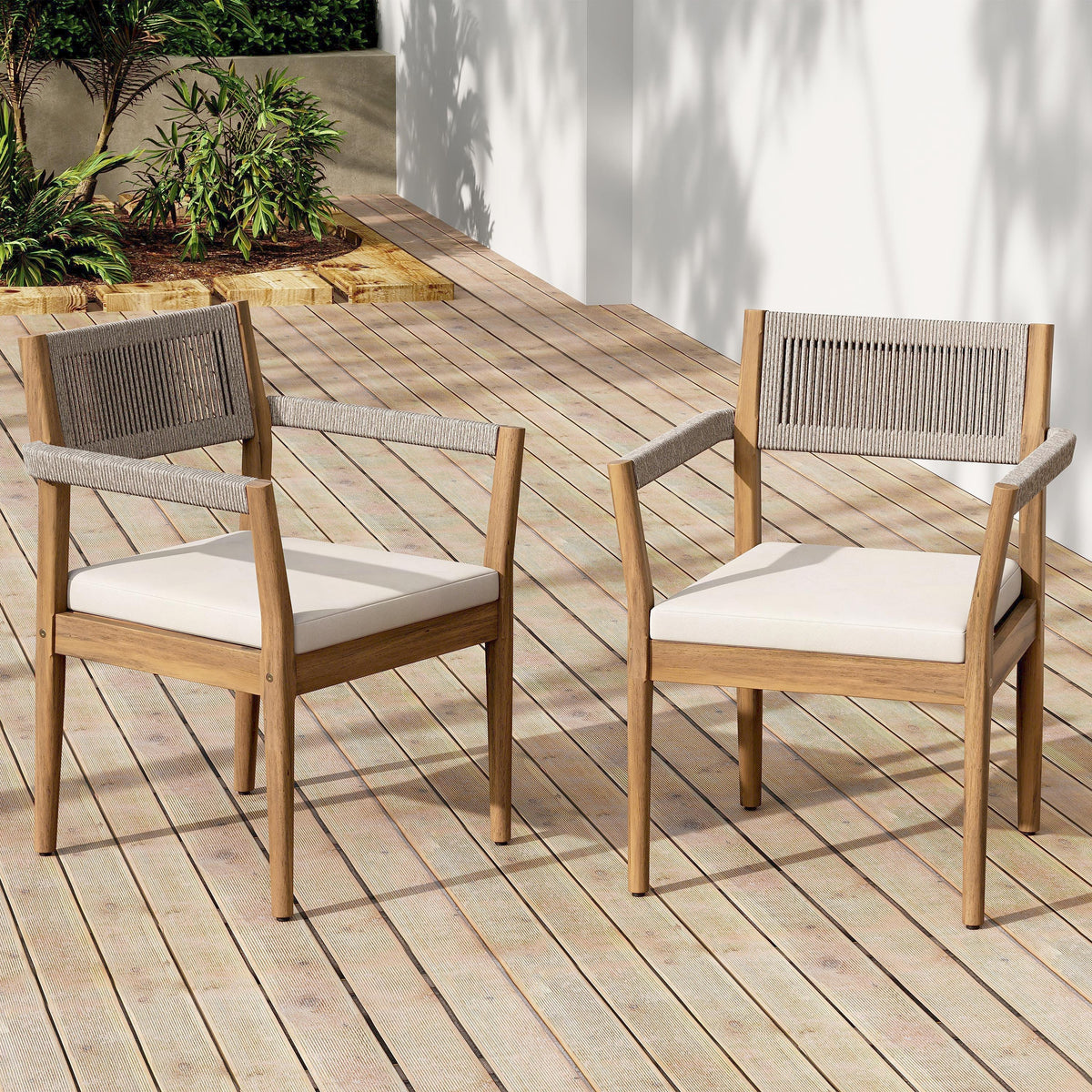 Braided Acacia Wood Outdoor Dining Chairs Set of 2 β Teak Look with Beige Rope & Cream Cushions
