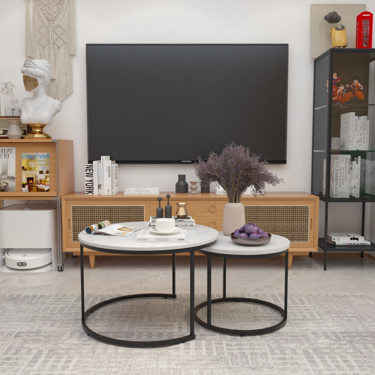 Nesting Coffee Table Set of 2, 27.6inch Round Wood Marble Pattern Top with Sturdy Metal Frame