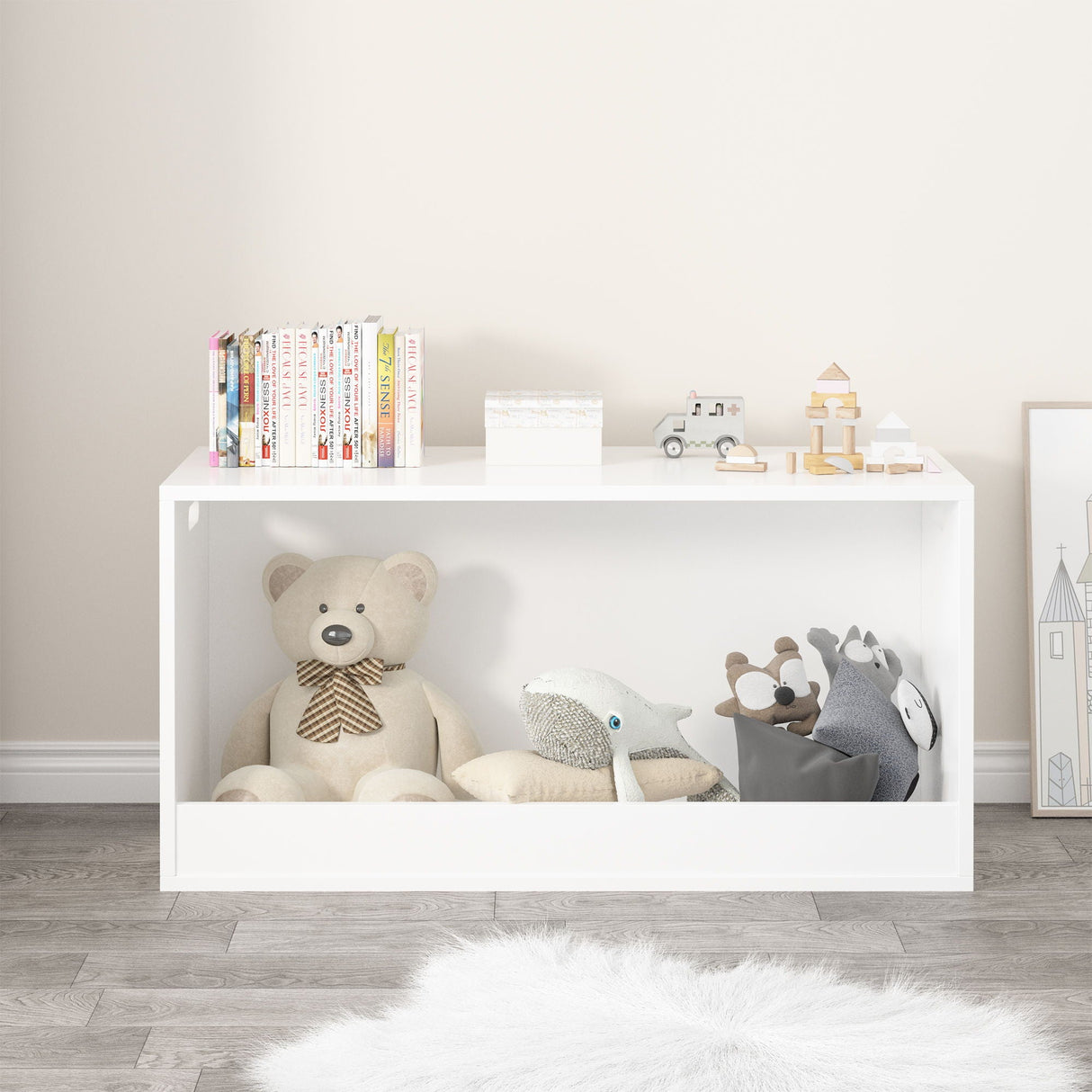Open Toy Storage Box For Kids, Organizer Bin For Plush Toys, Books - White