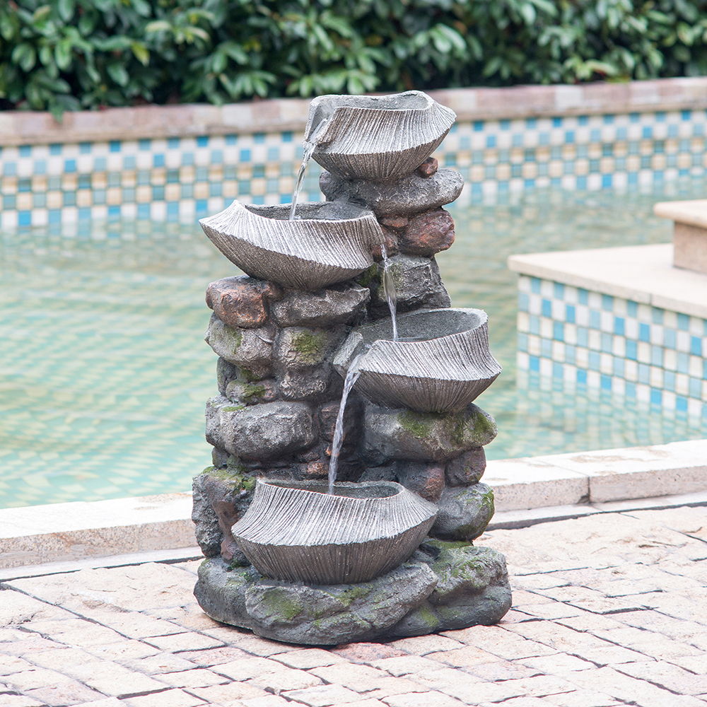 Indoor Outdoor Stone Water Fountain - 4 Tier Polyresin with LED Light