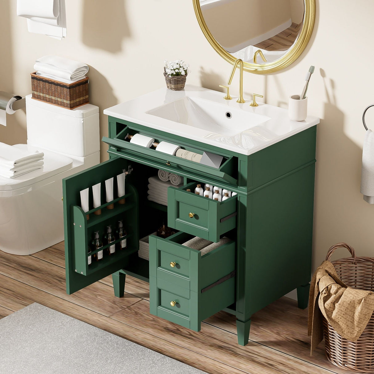 Bathroom Vanity With Top Sink, 2 Drawers & Tip Out Drawer