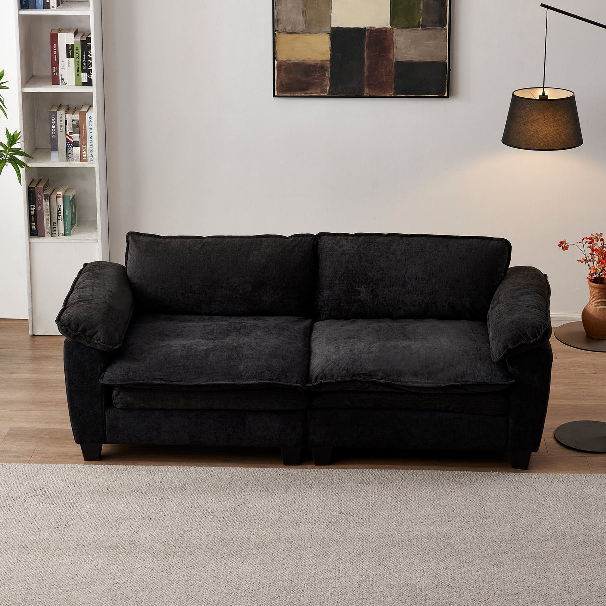 Living Room Furniture Big Loveseat Luxury Couch with Soft Chenille Upholstered Sofa Black