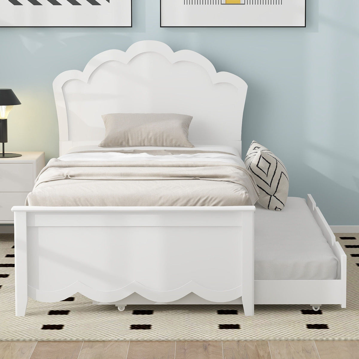 Platform Bed With Headboard and Twin Trundle - White