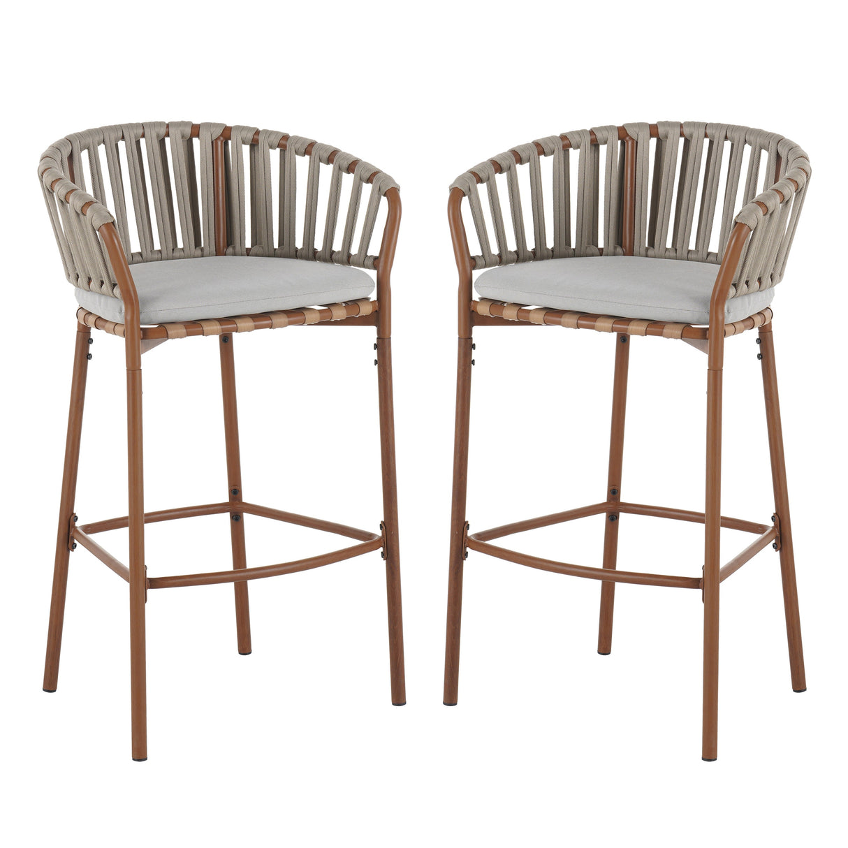 Lodi Outdoor Metal Rope Barstool with Teak Finished Frame and Beige Cushion - Set of 2