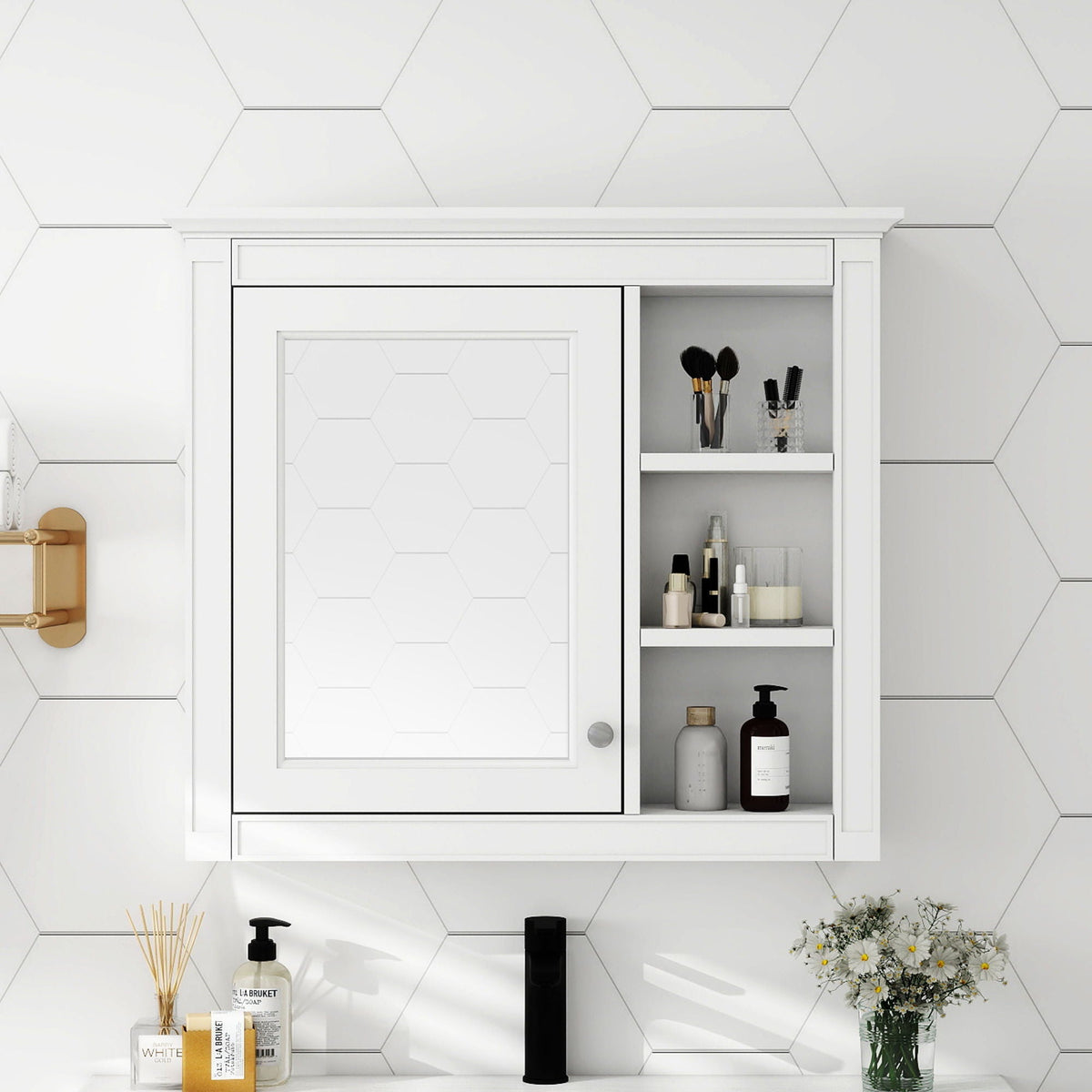Wall Mounted Medicine Cabinet with Mirror and 3 Open Shelves - Multiple Colors