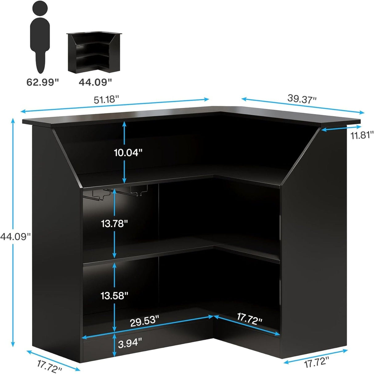 L-Shaped Home Bar Cabinet With Stemware Racks, 4 Tier Corner Unit, Liquor Wine Bar Table & Reception Desk For Home Pub - Black