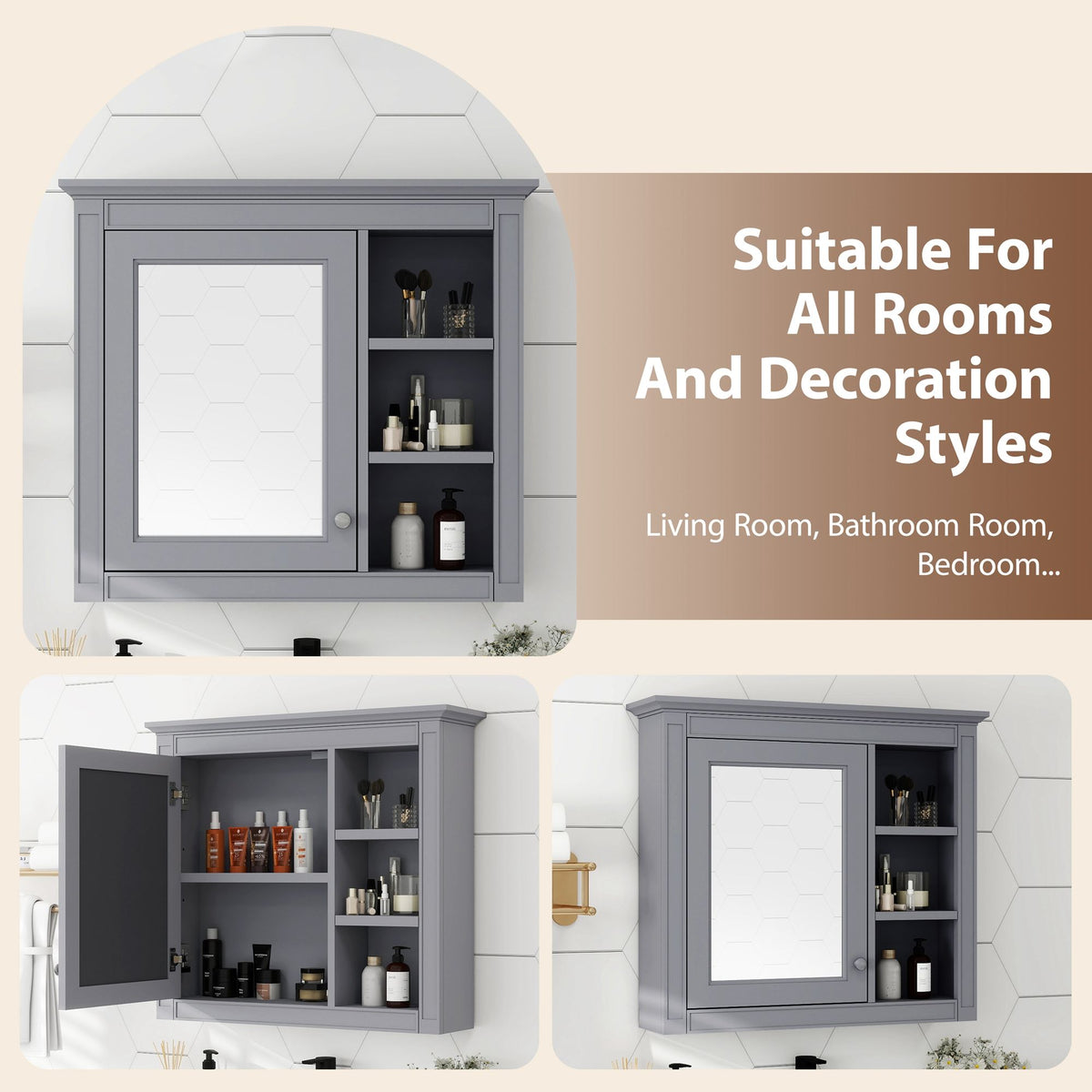 Wall Mounted Medicine Cabinet With Mirror And 3 Open Shelves