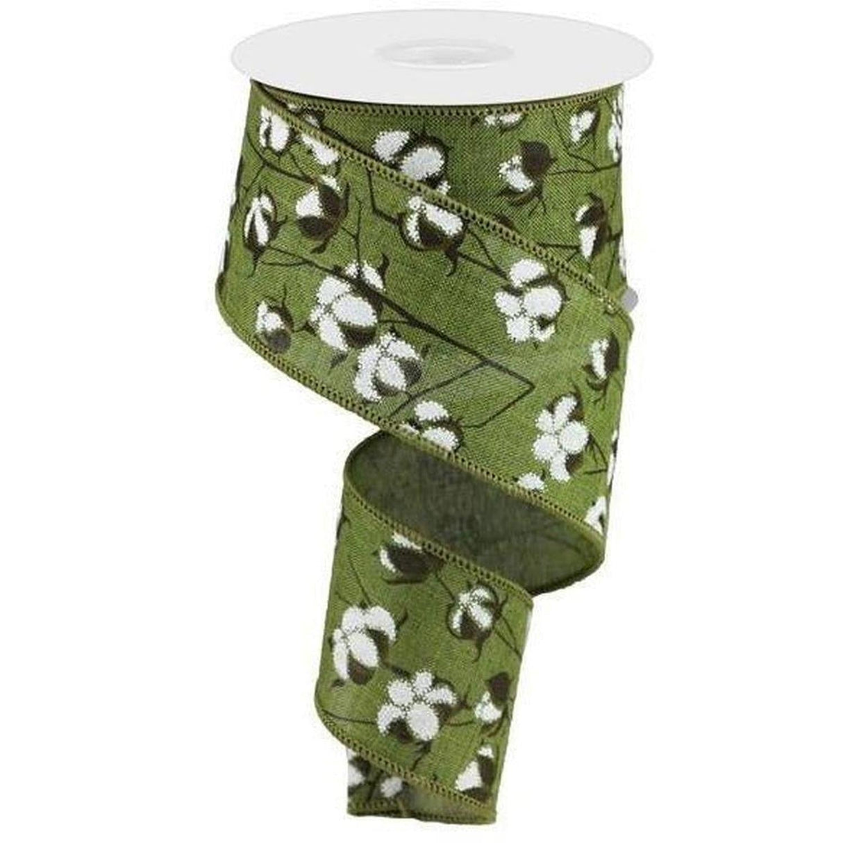 2.5" Cotton Pod Ribbon: Moss Green & White (10 Yards)