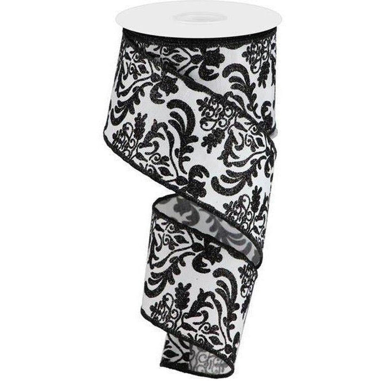 2.5" Faux Dupioni Damask Ribbon: Black & White (10 Yards)