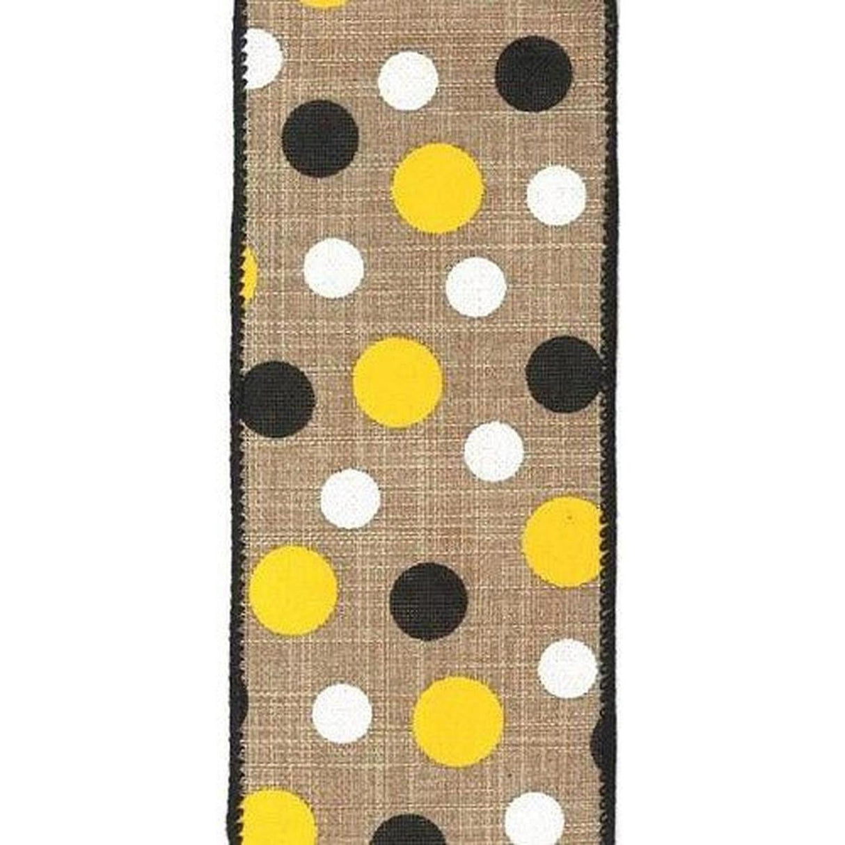 2.5" Natural Canvas Ribbon: Black, Yellow, White Dots (10 Yards)