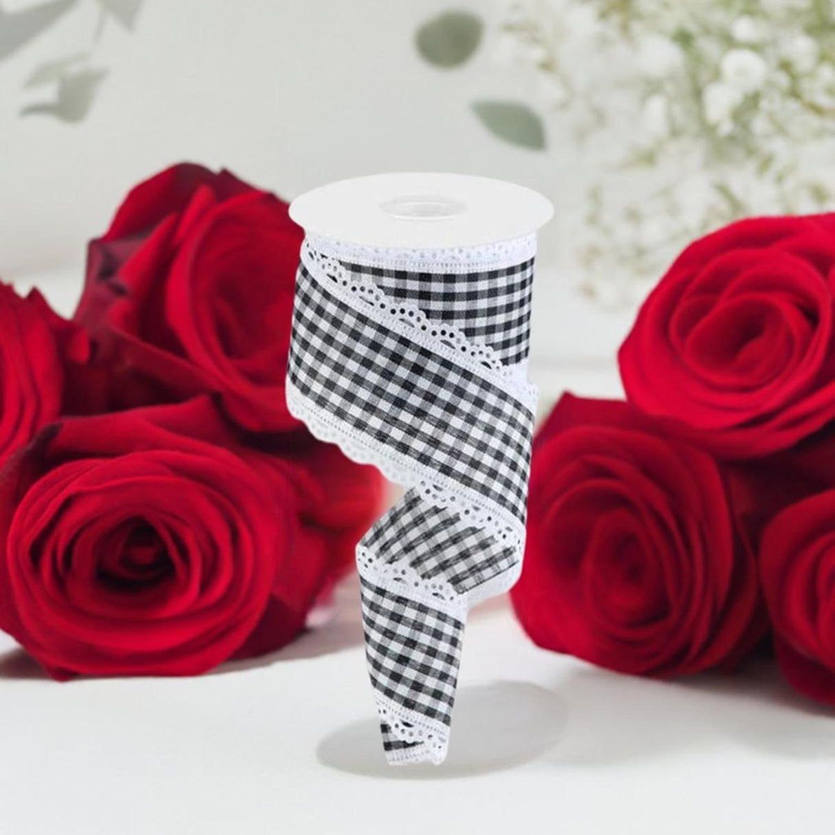 2.5" Scalloped Edge Gingham Ribbon: White (10 Yard)