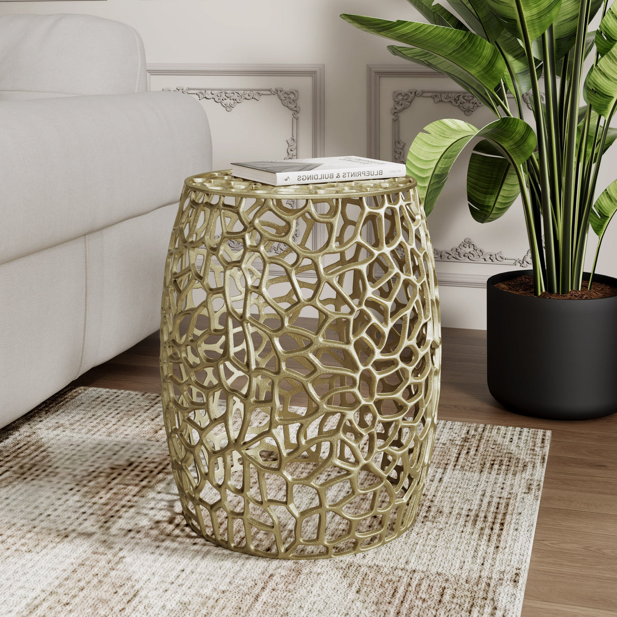 Aluminum Drum End Table with Intricate Gold Design