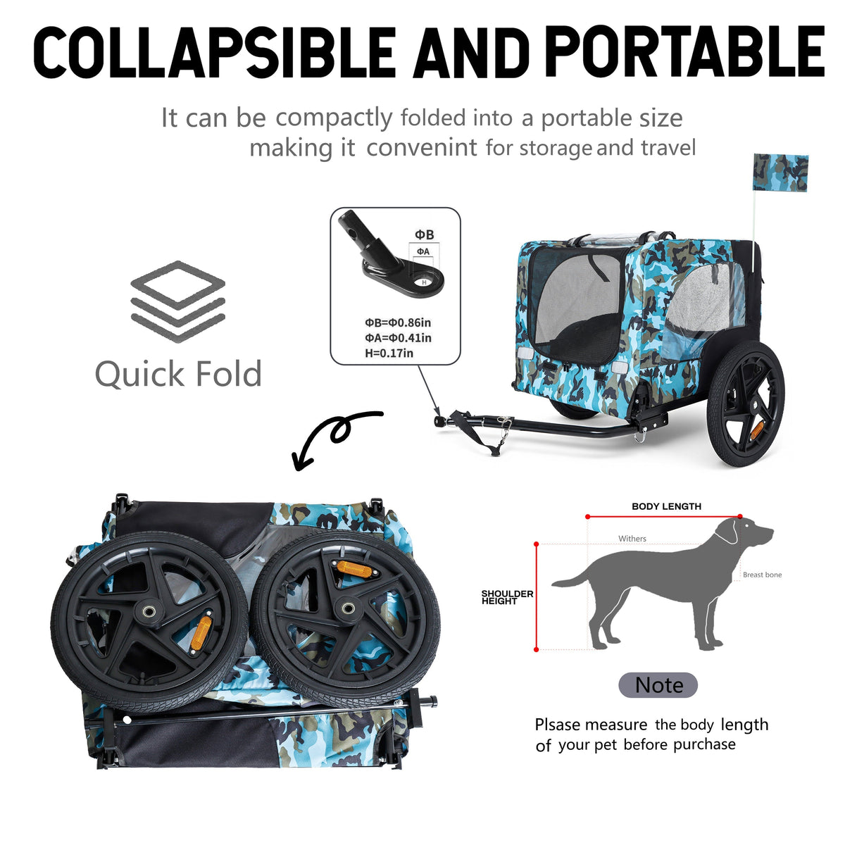 Outdoor Heavy Duty Collapsible Pet Bike Trailer with 16-Inch Wheels