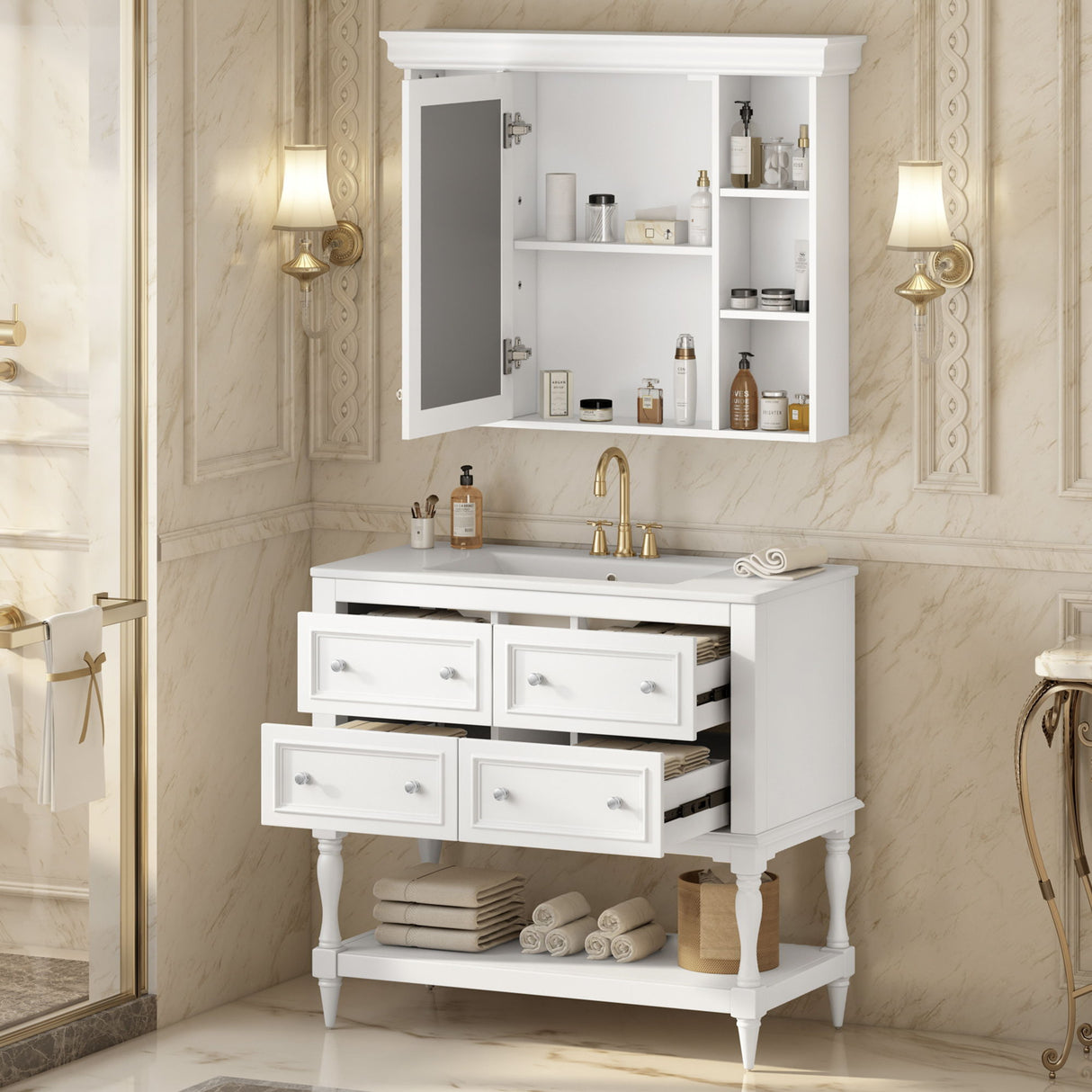 Bathroom Vanity with Medicine Cabinet, Storage Cabinet with 4 Drawers, Adjustable Shelf Mirror