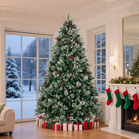 Artificial-Christmas-Tree-8Ft-Snow-Frosted-Xmas-Tree-Pre-Decorated-Christmas-Trees