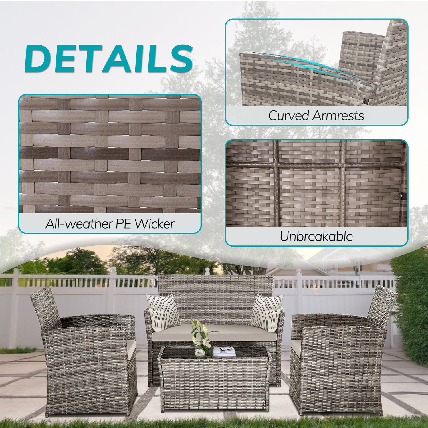 4 Piece All-Weather Rattan Outdoor Sectional Set with Cushions