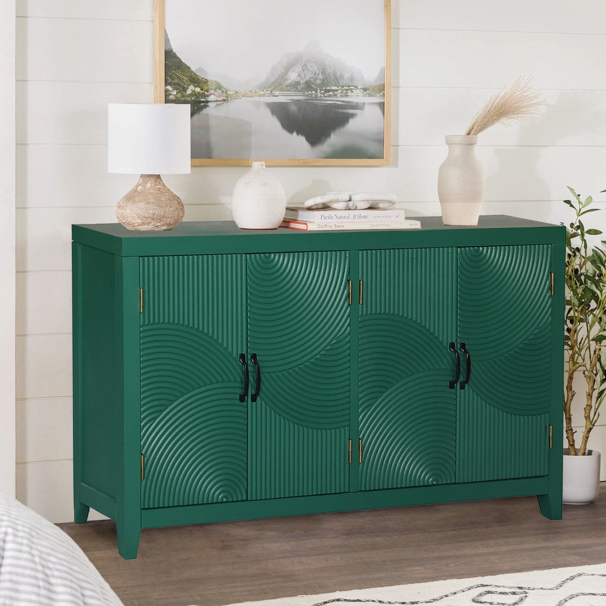 59in Green Accent Cabinet with 4 Doors Mid Century Modern Pantry Cabinet