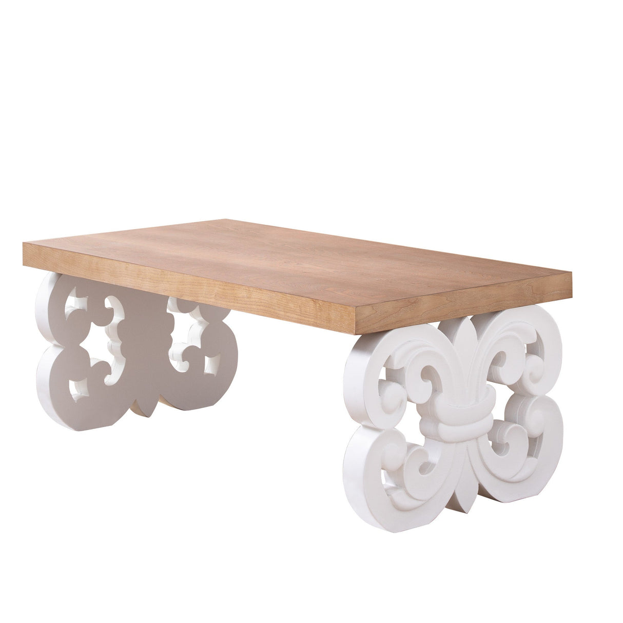 Ornate Wood Coffee Table – 47' Rectangular Farmhouse Style Table with White Carved Base and Natural Wood Top – Living Room Accent Table – Elegant Centerpiece for Modern or Traditional Decor