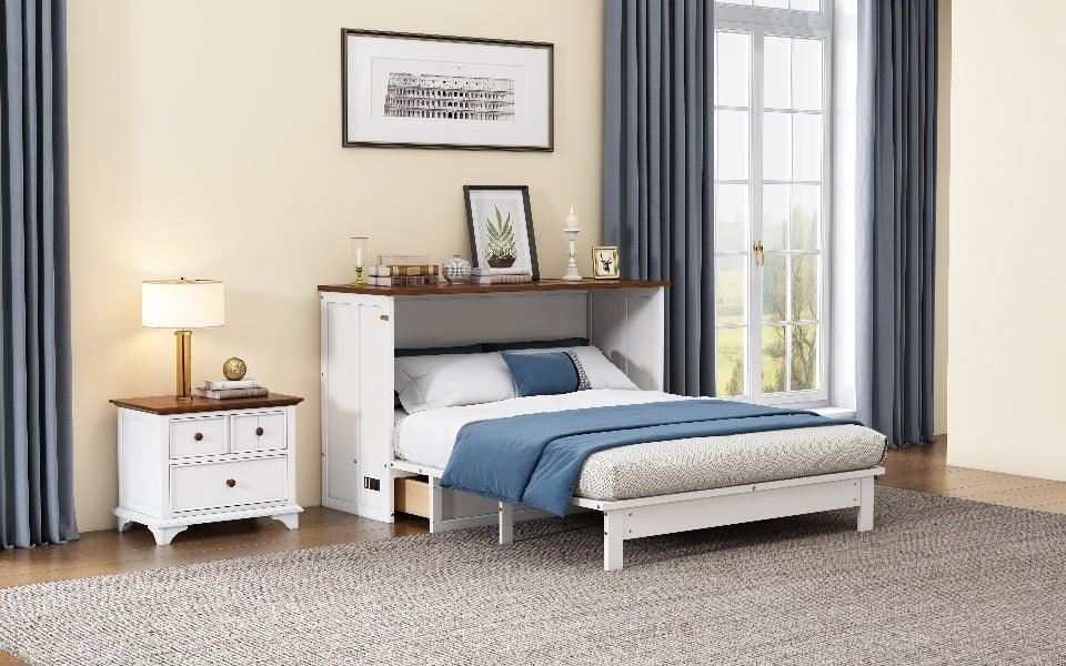 Solid Pine Murphy Bed Chest with Charging Station and Large Storage Drawer - Queen