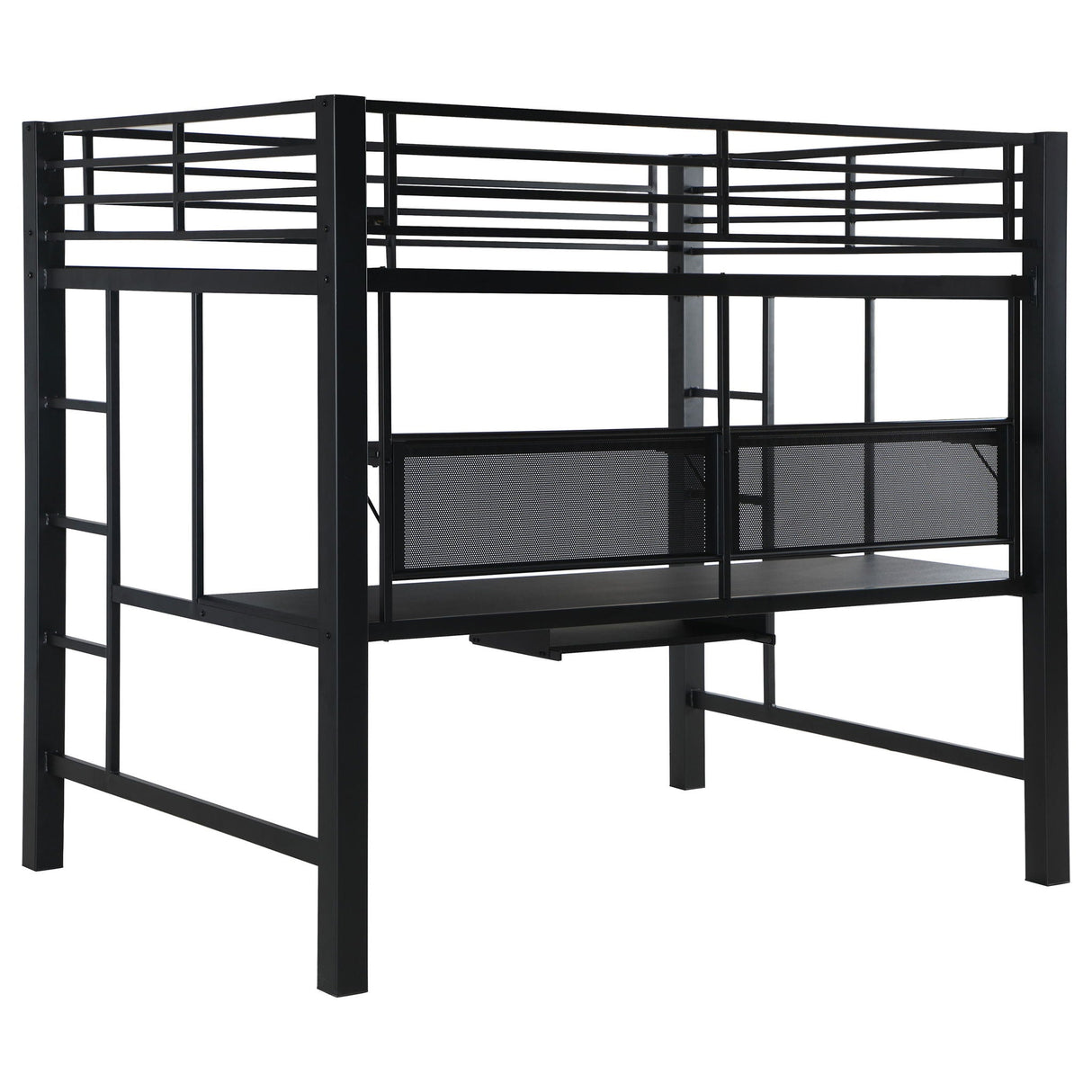 Ranier - Full Workstation Loft Bed, Full Length Desk, Safety Rails And Storage Shelves - Black
