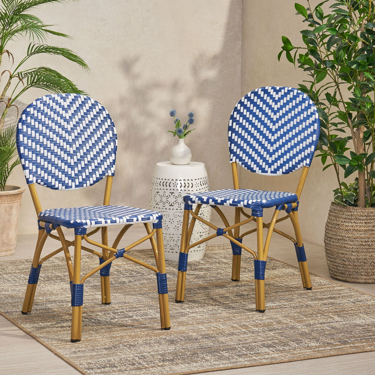 Outdoor Rattan And Aluminum French Armless Bistro Chairs Set - Navy Blue