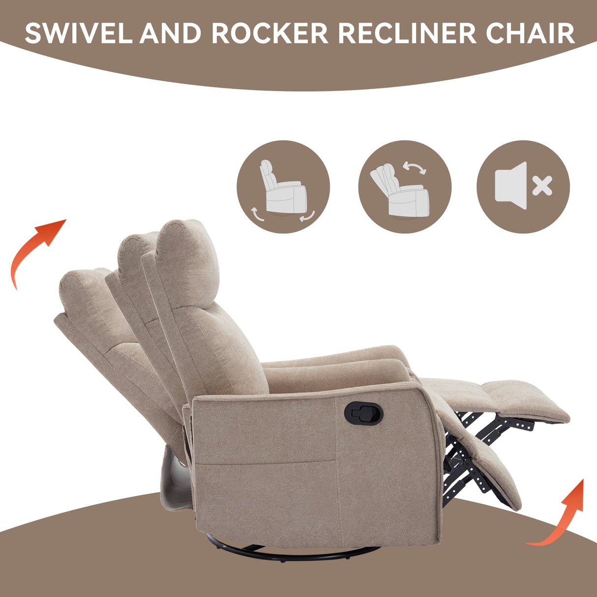 Heat Massage Manual Recliner Chair with Rocker and Swivel in Khaki