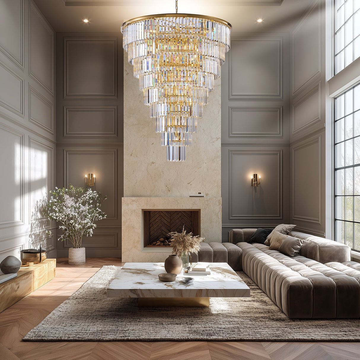 48-Inch Gold Tiered Crystal Tube Chandelier