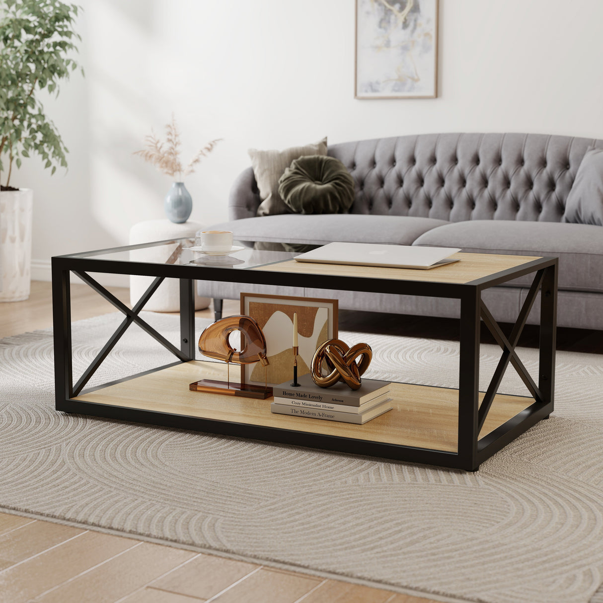 Modern Coffee Table with Tempered Glass and Natural Wood MDF Top