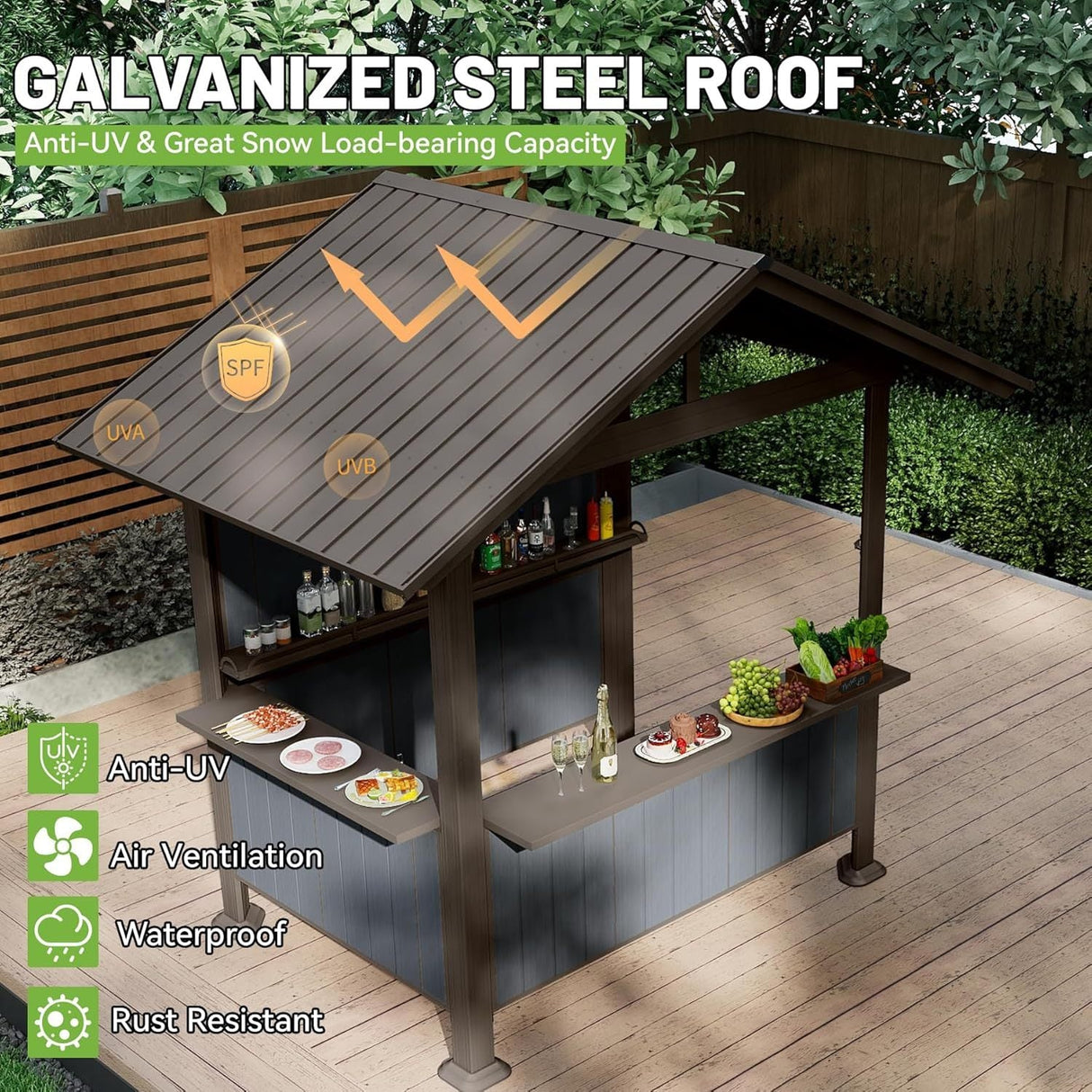 9.4X6.2 FT Hardtop Grill Gazebo, Gable Outdoor Grill Gazebo with Storage Shelves & Resin Shade System, Galvanized Steel Metal Hard top Gazebo for Patio Backyard Garden -Brown