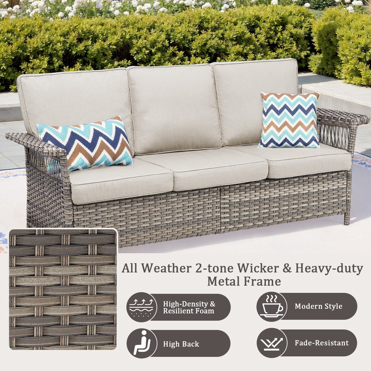 76.7" Wide Outdoor Wicker Patio Sofa with Armrests