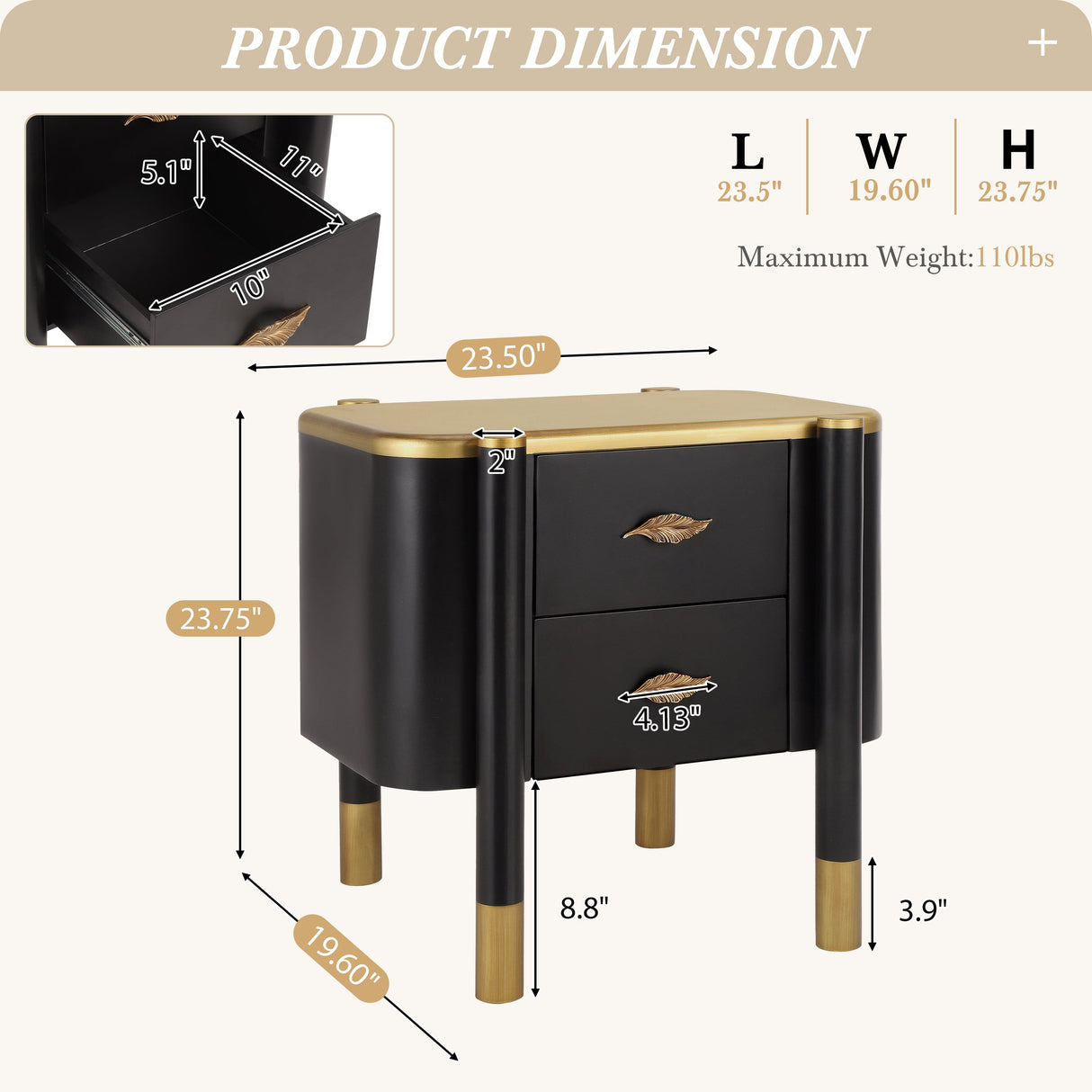 Contemporary 2 Drawers Nightstand with Curved Profile Design