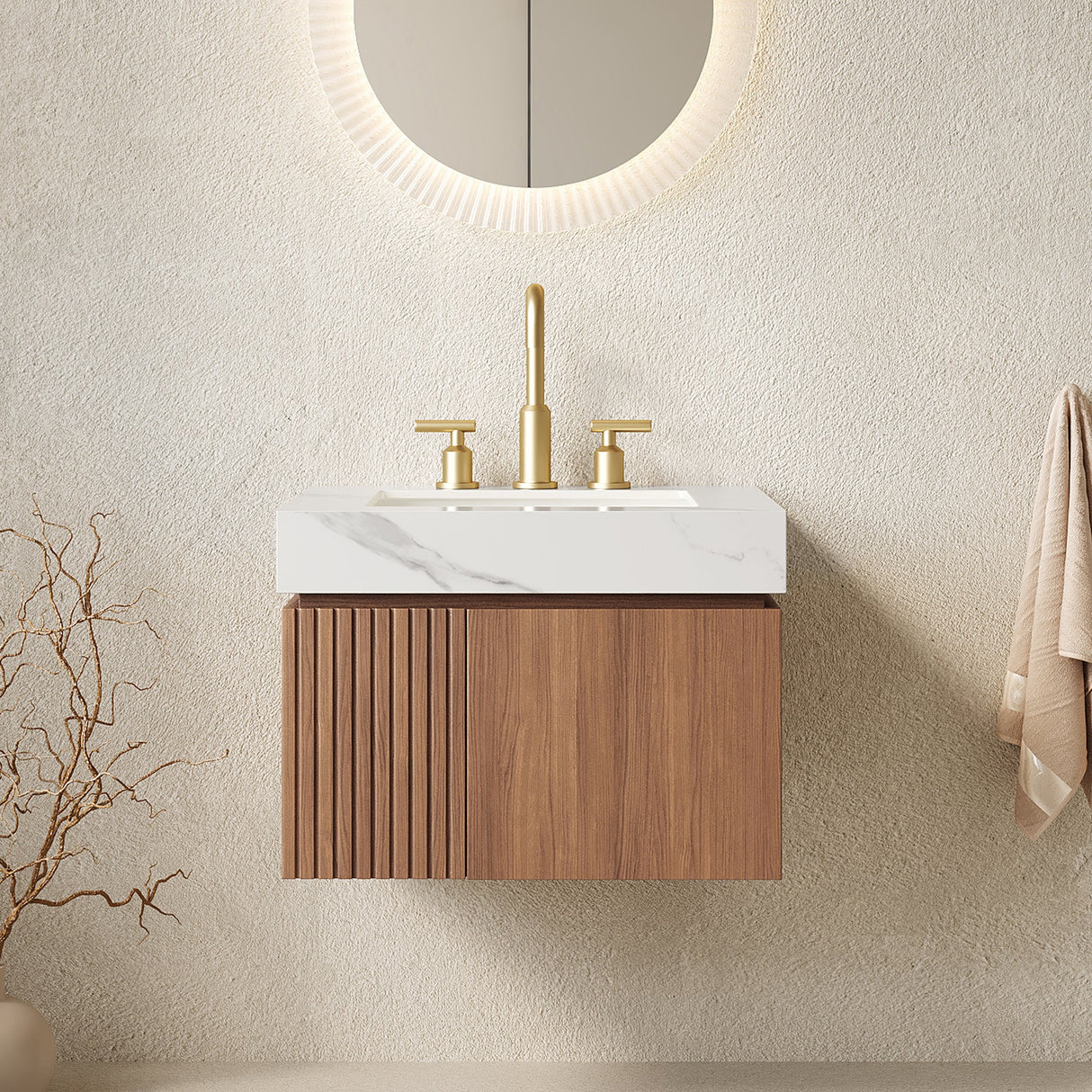 MURI 24" Bathroom Vanity & Sink, Floating Plywood Storage Cabinet with 2 Doors, Carrara
