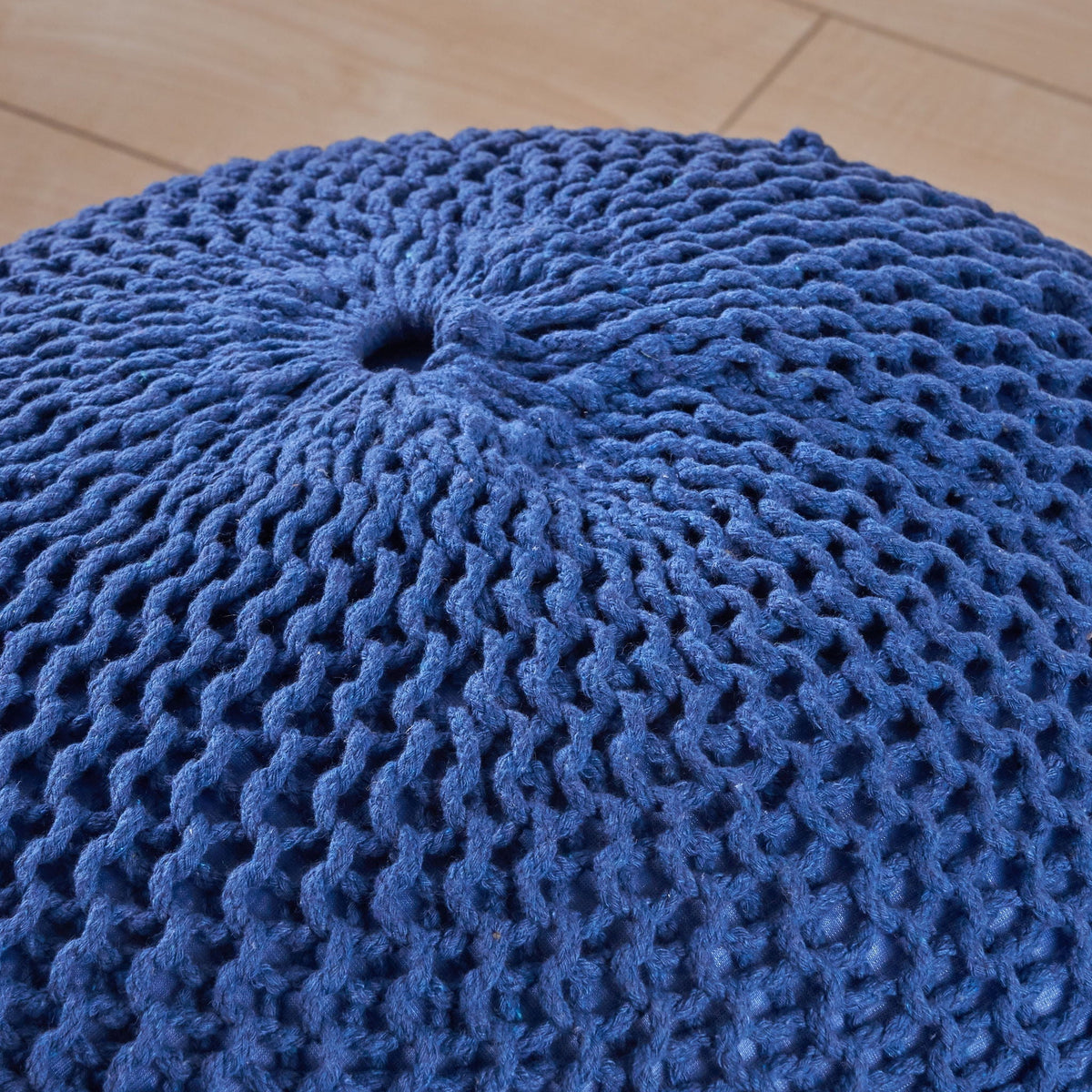 Knitted Cotton Round Pouf Ottoman with Soft Textured Cover - Dark Gray, Yellow, Blue