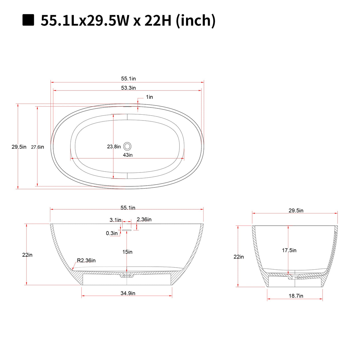 55'' Freestanding Bathtub Resin Stone Soaking Bathtub